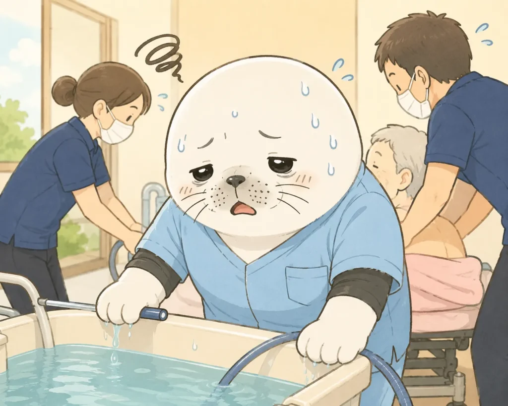 訪問入浴で疲れている看護師あざらし